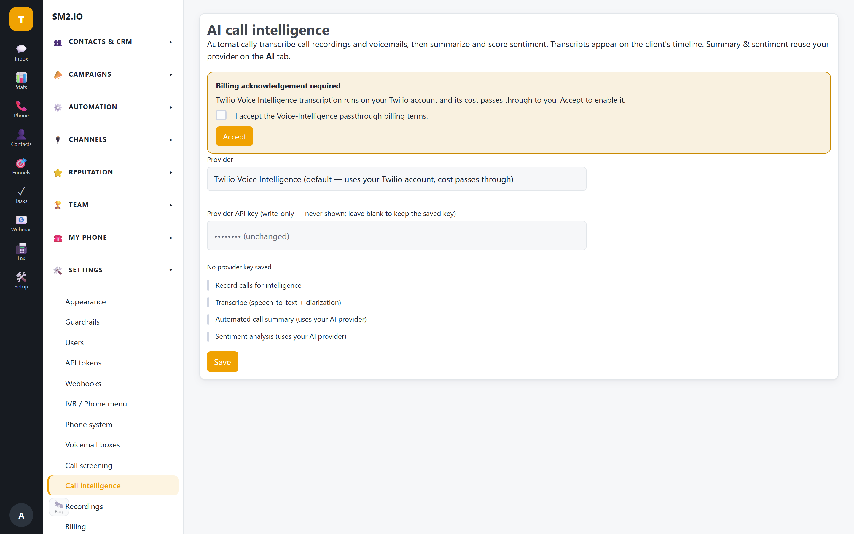 Call intelligence panel with transcript, summary and sentiment — SM2.IO Call intelligence panel with transcript, summary and sentiment — SM2.IO