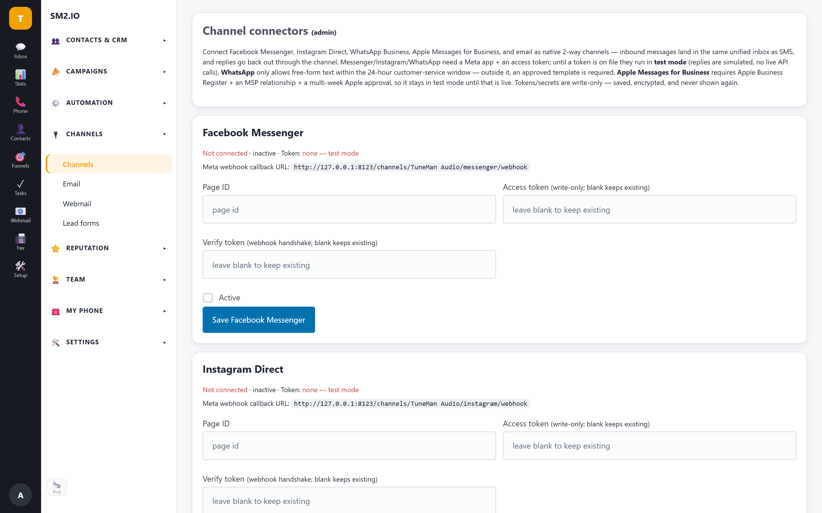 Omnichannel settings connecting WhatsApp, Apple Messages, Facebook and Instagram — SM2.IO Omnichannel settings connecting WhatsApp, Apple Messages, Facebook and Instagram — SM2.IO