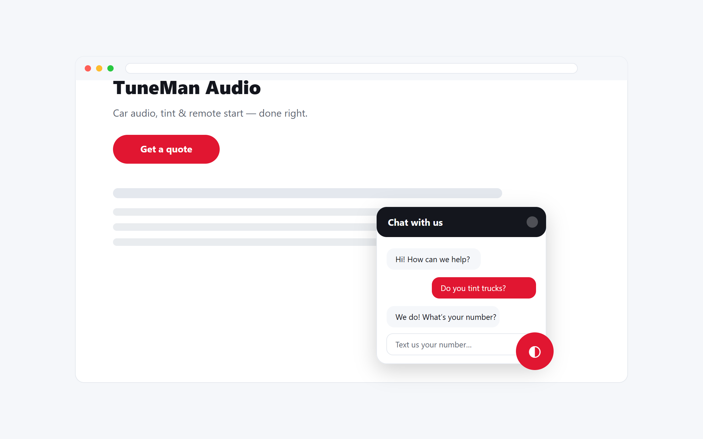 Website chat widget open on a business site — SM2.IO Website chat widget open on a business site — SM2.IO