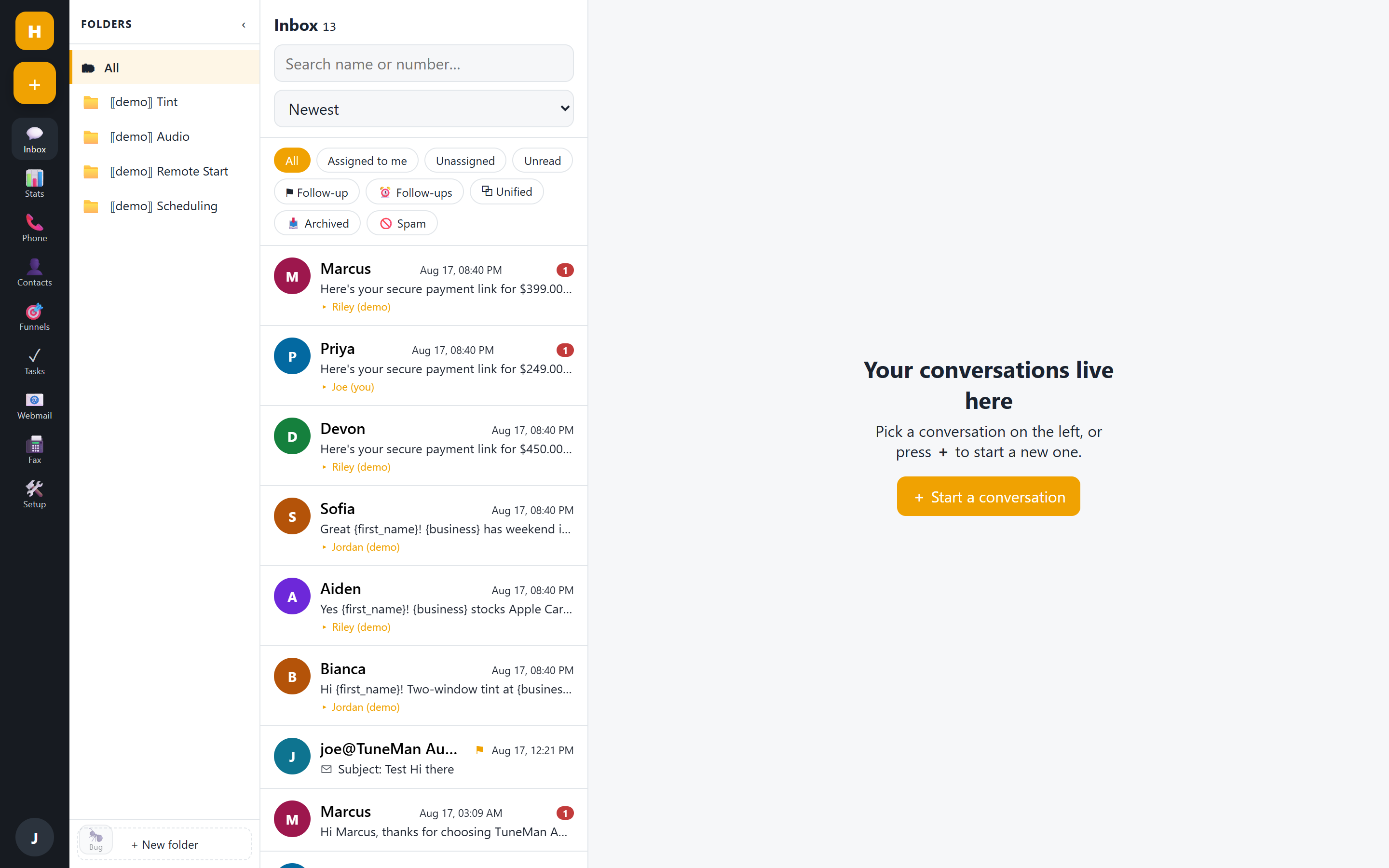 Unified customer service inbox showing SMS, web chat and call threads in one view — SM2.IO Unified customer service inbox showing SMS, web chat and call threads in one view — SM2.IO